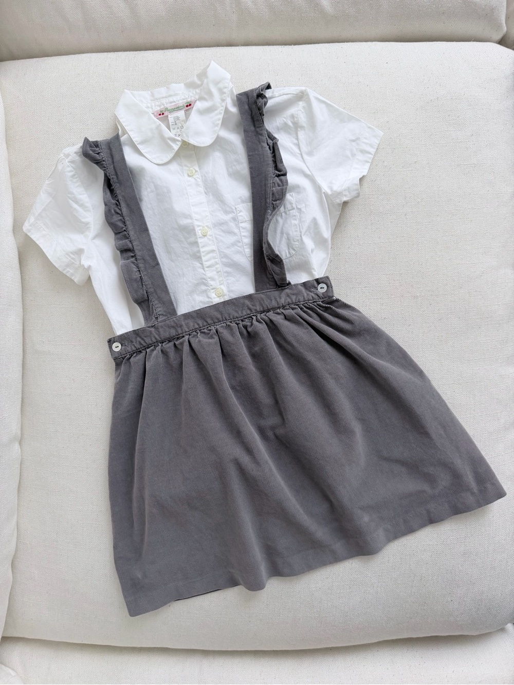 LA COQUET Gray Pinafore Skirt & BONPOINT Peter Pan Collar Blouse, SET